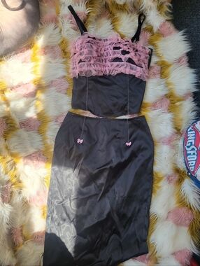 Mode Merr Rockabilly Pink Ruffle Pin Up Retro Y2k Two Piece Penicl Skirt Dress S